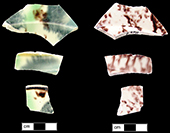 Plate fragments with clouded pattern on interiors/front of plates and tortoiseshell pattern on  reverse/backs - collected by George L. Miller in 1986 in Staffordshire, England.
